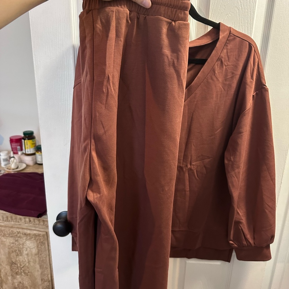 2 Piece Lounge Sets V Neck Sweatsuit Wide Leg Tracksuit - Picture 8 of 10